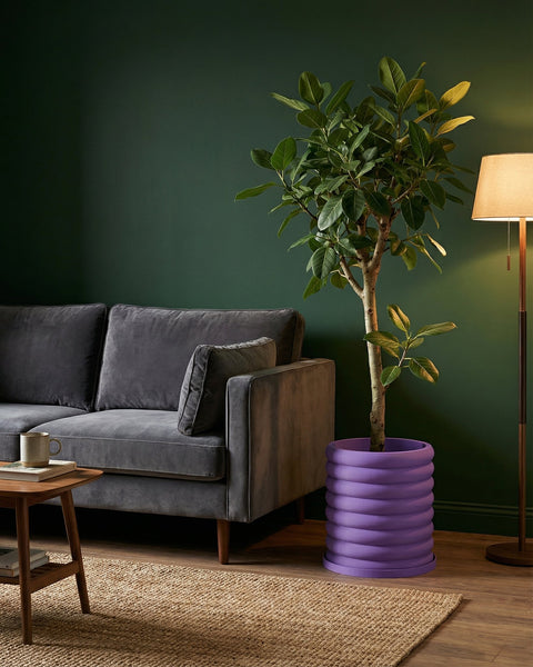 A living room scene with a gray sofa, a wooden table, a floor lamp, and a vibrant purple planter pot holding a lush green plant.