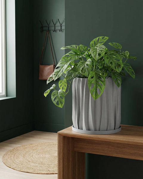 A gray planter pot with a green ivy plant sits on a wooden shelf against a rust-colored wall.