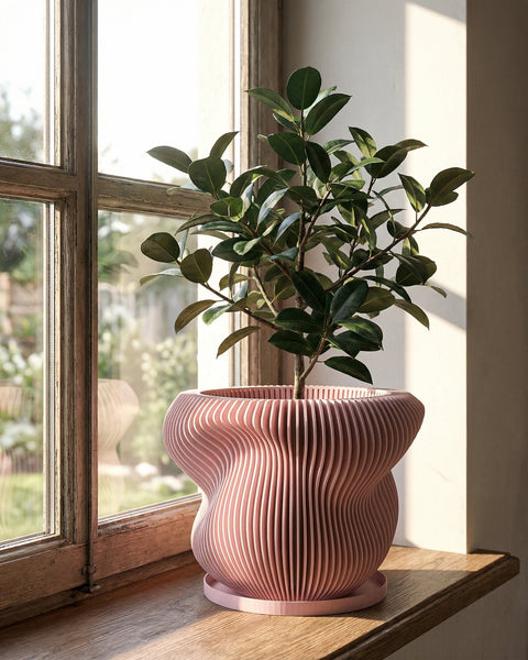 A small green tree in a pink, vertically striped planter pot sits on a dark gray surface against a dark gray wall.