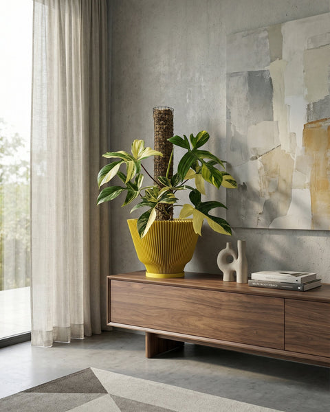 A yellow planter pot with a plant inside sits on a wooden cabinet in a modern living room. The pot is ribbed and has a saucer. The plant has green and yellow leaves and is supported by a moss pole. A white sculpture and two books are on the cabinet next to the pot. A painting hangs on the wall behind the cabinet. A sheer curtain covers the window to the left.