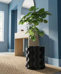 A black planter pot with a textured design sits on a woven rug in a blue room, holding a green plant.