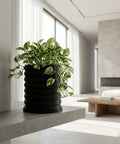 A black planter pot with a green and white plant sits on a gray shelf in a bright, modern room. The planter is the focal point of the image.