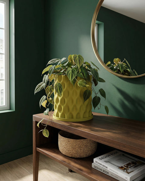 A green plant in a yellow planter sits on a wooden table in front of a green wall with a round mirror.