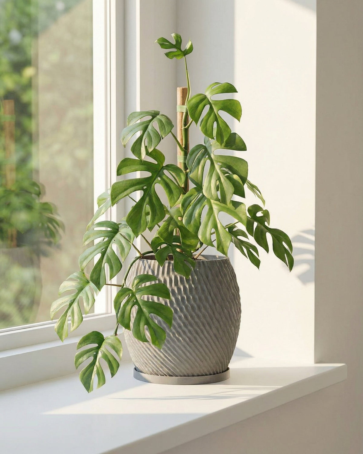 A Monstera plant in a textured gray planter pot sits on a white windowsill, bathed in sunlight.