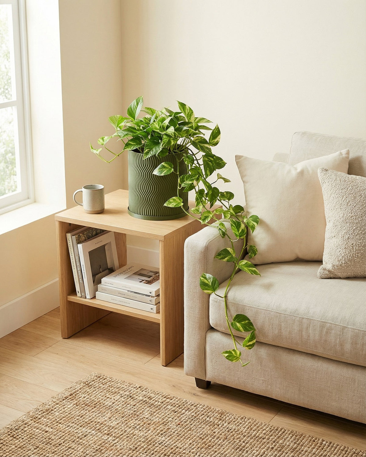 A green planter pot with a pothos plant sits on a wooden table next to a couch. The plant's vines cascade down the side of the couch.