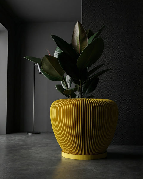 A vibrant yellow planter pot with a ribbed design, holding a lush green plant with dark leaves, stands against a dark, textured wall.