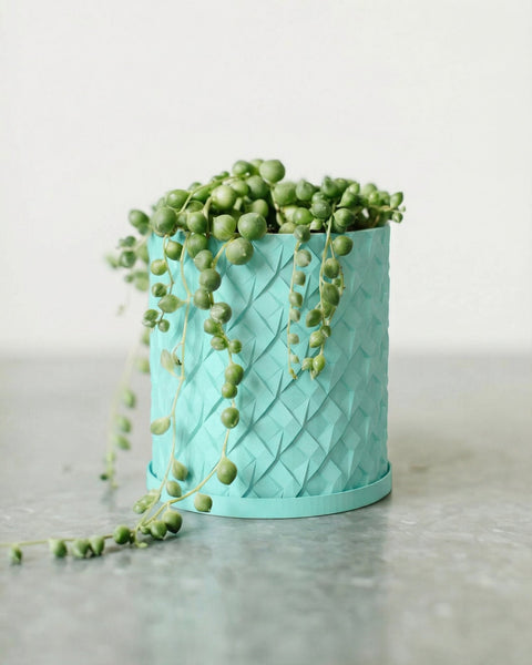 A light blue planter pot with a green plant on a wooden cabinet in a modern living room.