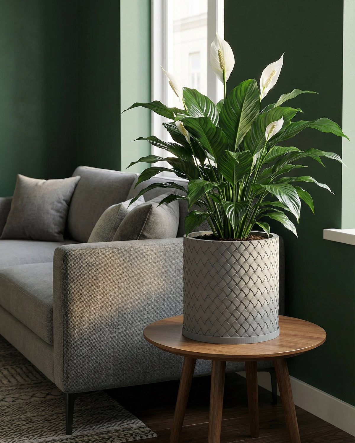 A peace lily in a gray woven planter pot sits on a wooden side table next to a gray sofa in a room with dark green walls.