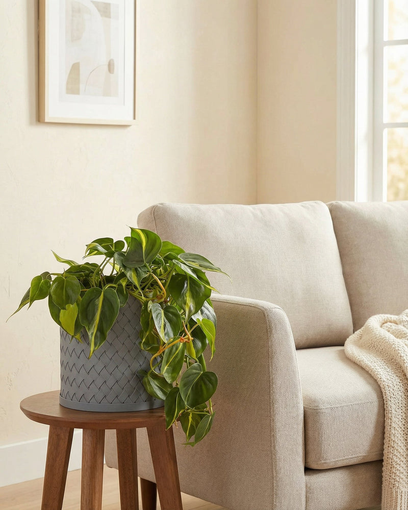 A gray woven planter pot with a vibrant green plant sits on a wooden table next to a beige couch in a well-lit room.