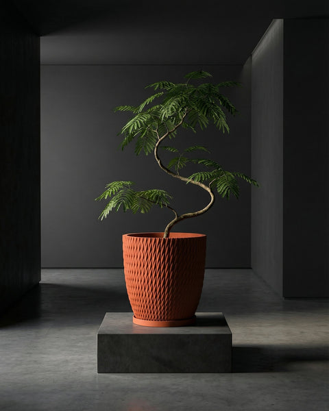 A green plant in an orange planter pot sits on a gray pedestal in a dark, modern room.