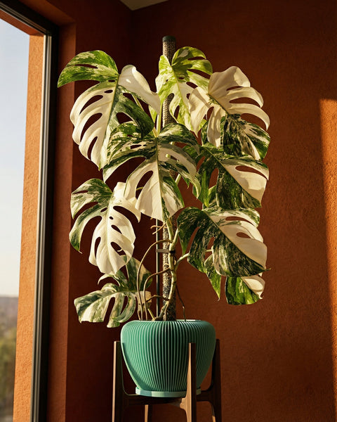 A variegated Monstera deliciosa plant in a ribbed, teal planter pot on a mid-century modern stand, near a window.