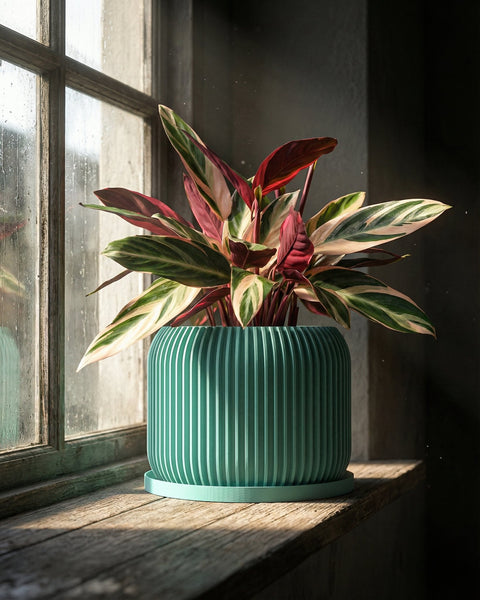 A teal planter pot with a plant sits on a dark wooden table next to a gray couch with a blanket.