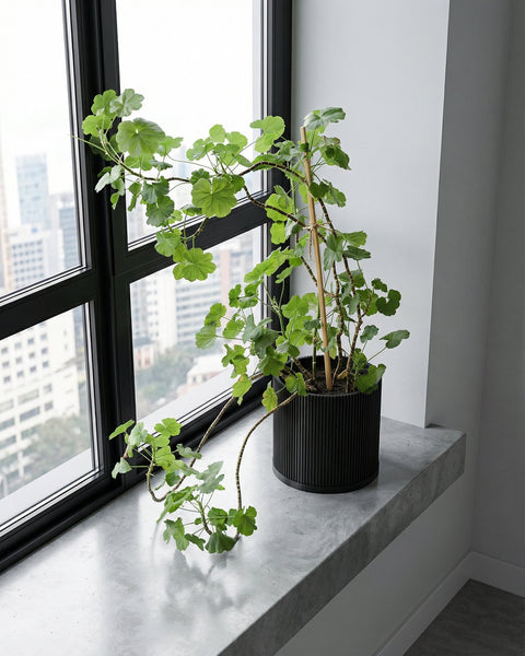 A black planter pot with a green plant sits on a gray windowsill in front of a window with a city view.