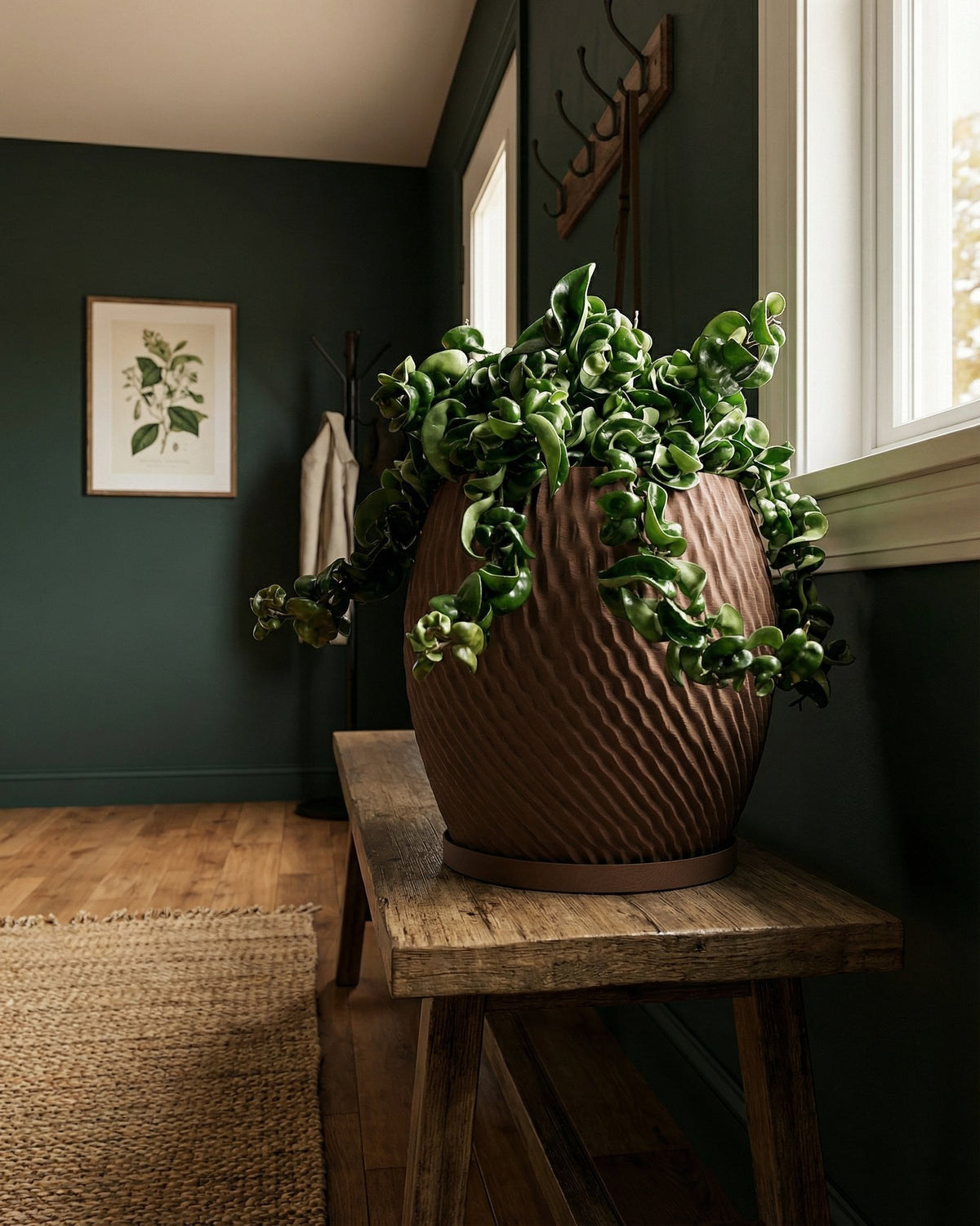 A brown planter pot with a green plant sits on a wooden bench in a room with dark green walls.