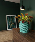 A Venus flytrap in a turquoise planter sits on a wooden cabinet with a framed print and a rug nearby.