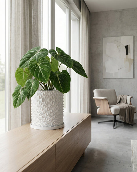 A green plant in a white geometric planter sits on a light wood cabinet in a modern room with a chair and artwork.