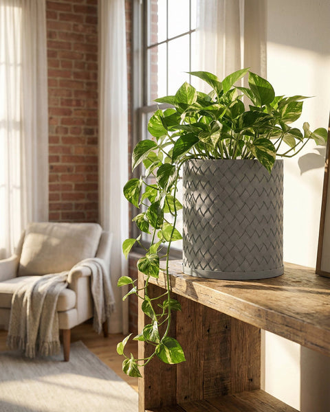 A gray woven planter pot with a green plant sits on a wooden shelf in a sunlit room.