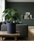 A ribbed, dark blue planter pot sits on a rustic wooden table, holding a lush green plant with large, heart-shaped leaves.