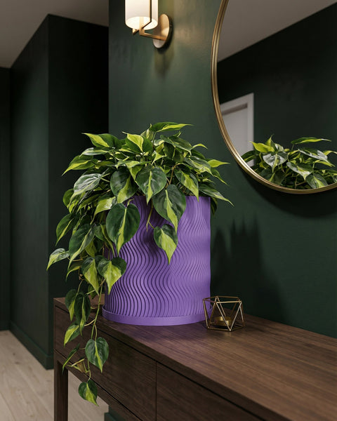A purple planter pot with a green and yellow plant sits on a wooden table next to a gold candle holder. A round mirror hangs on the green wall behind the plant.