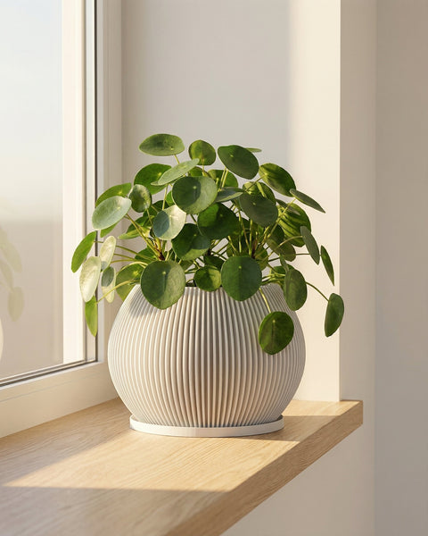 A Pilea peperomioides plant in a white, round, vertically ribbed planter pot sits on a wooden windowsill.