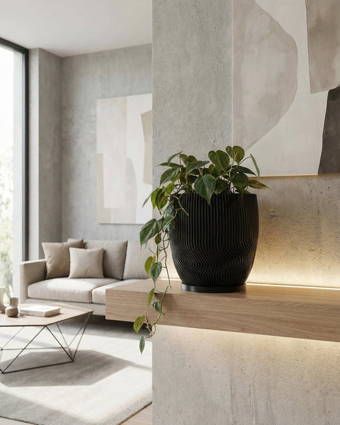 A black planter pot with a plant on a wooden shelf in a modern living room.