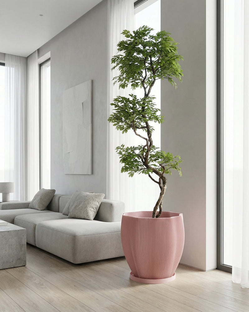 A pink planter pot with a rubber plant sits on a wooden cabinet in a green entryway with a round mirror on the wall.
