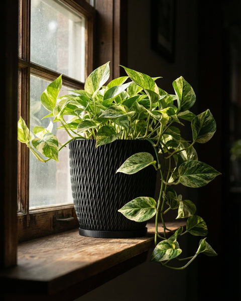 A pothos plant in a black planter sits on a wooden windowsill, bathed in sunlight. The planter has a woven texture.