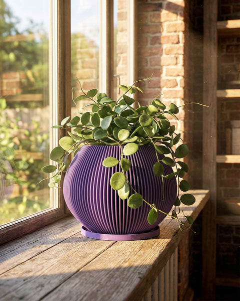 A vibrant purple planter pot holds a lush green palm plant, set against a dark, modern interior with a sleek cabinet and window blinds. The polished concrete floor reflects the ambient light, highlighting the pot's unique ribbed texture.