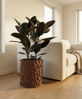 A rubber plant in a brown textured planter pot sits on a light wood floor next to a cream-colored couch.