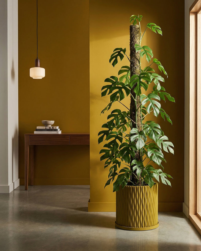 A yellow planter pot with a green and pink plant sits on a dark wood table in a room with olive green walls.
