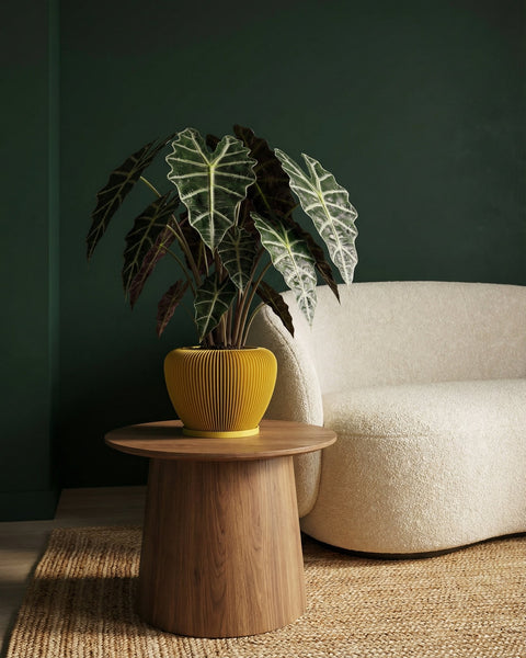 A vibrant yellow planter pot with a ribbed texture, holding a lush green plant, sits on a wooden table next to a cream-colored sofa.