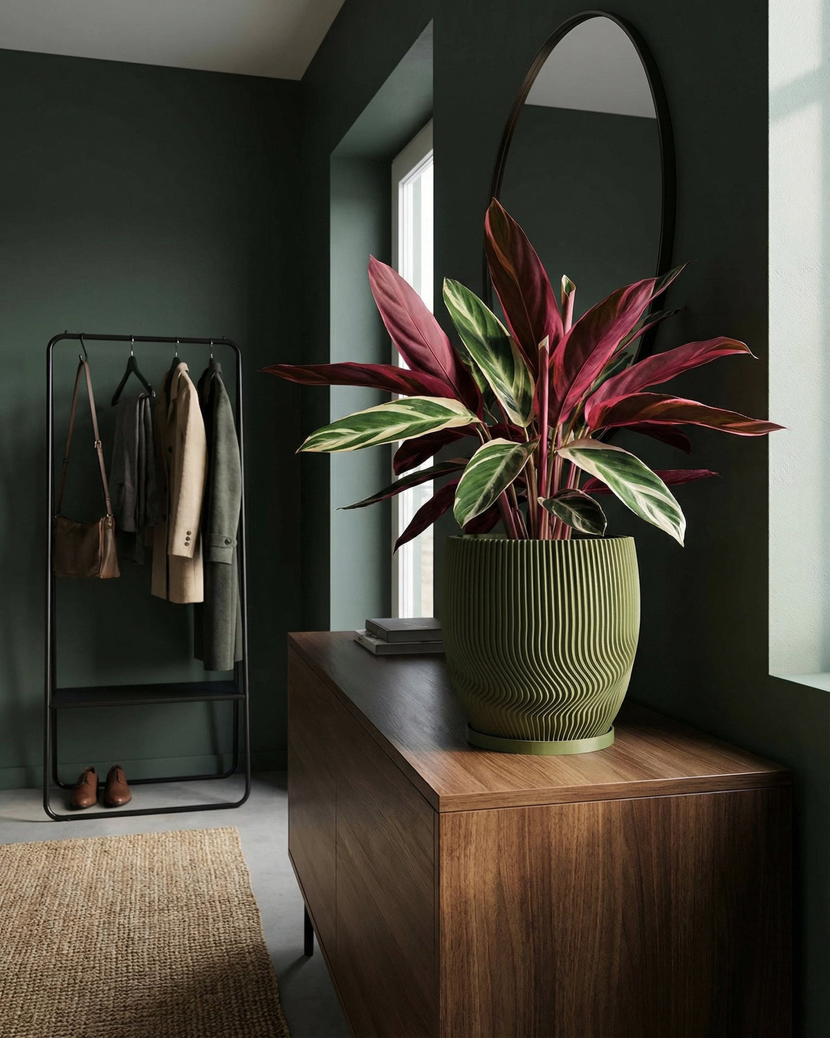 A stylish interior featuring a green planter with a vibrant plant, placed on a wooden cabinet in a room with a modern coat rack.