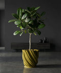 A yellow planter pot with a green and pink plant sits on a dark wood table in a room with olive green walls.