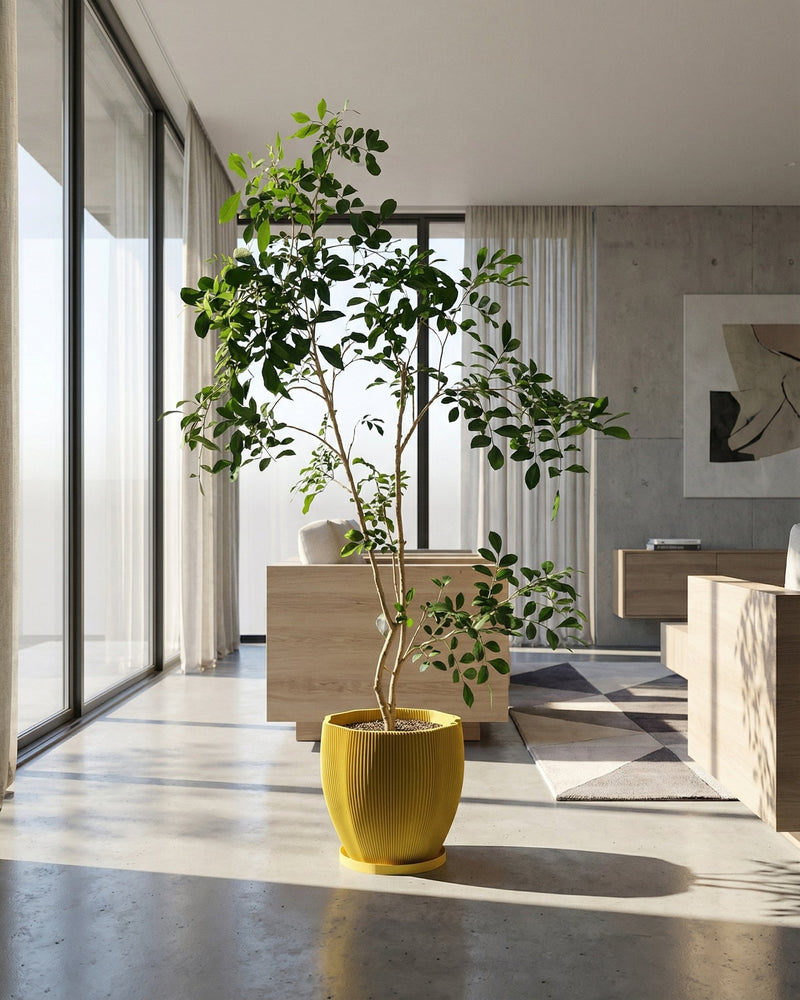A yellow planter pot with a trailing plant sits on a wooden table next to a gray sofa. The pot has a textured, swirling design.