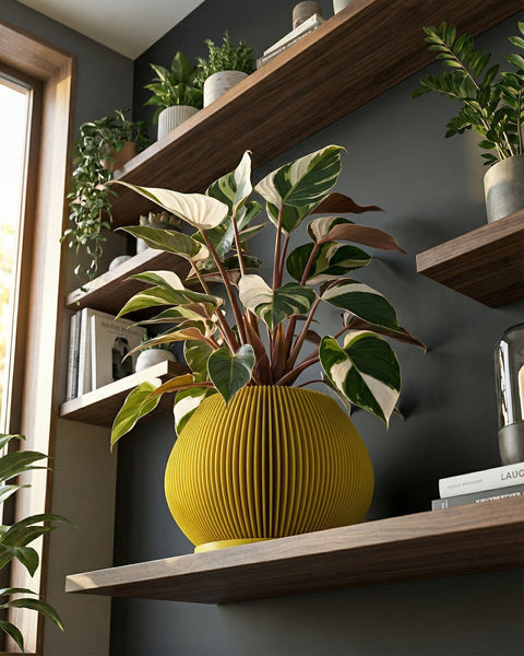 A yellow planter pot with a plant inside sits on a gray concrete cube. The pot has a fluted design and the plant has green and silver leaves. The cube is in a room with a concrete floor and a window.