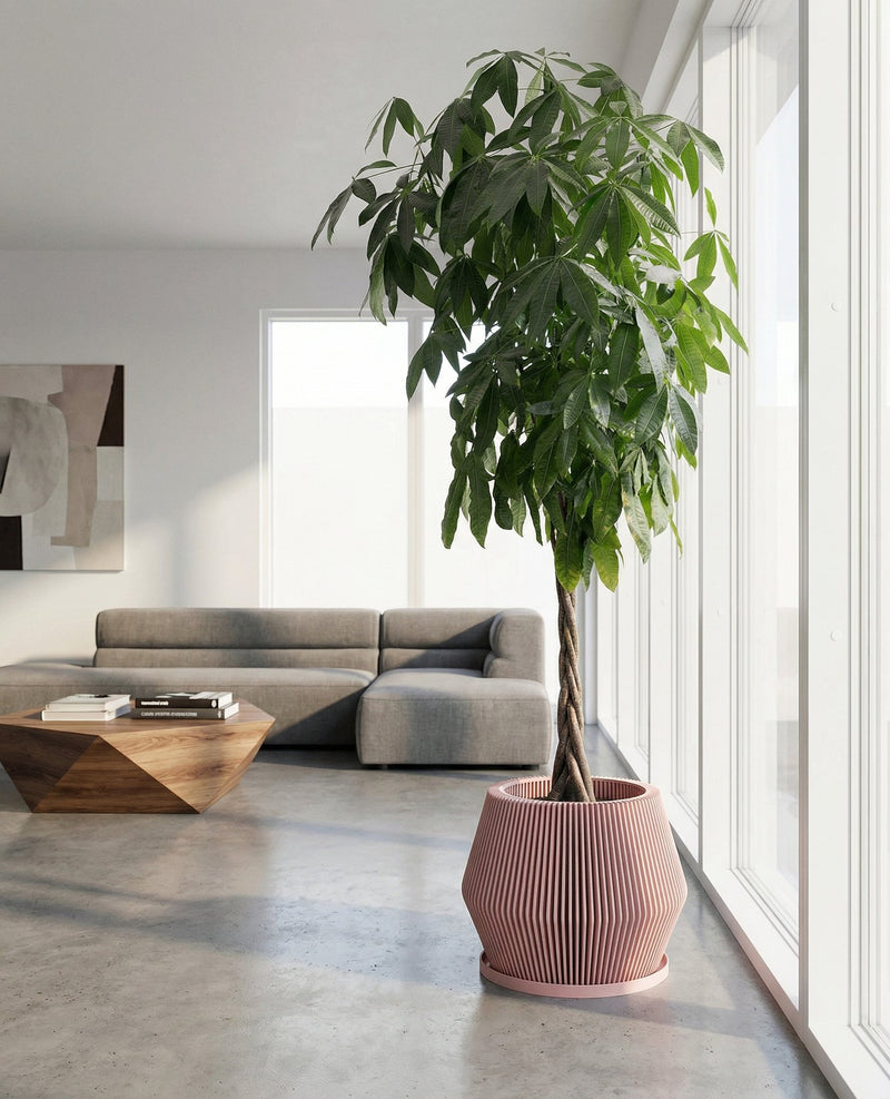 A pink planter pot with a green plant inside sits on a gray floor next to a white wall. The planter pot has a ribbed design and a saucer. In the background, there is a wooden bench and a window with white curtains.