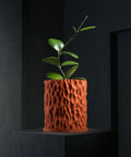 A textured orange planter pot with a green plant inside, sitting on a dark gray pedestal against a dark background.