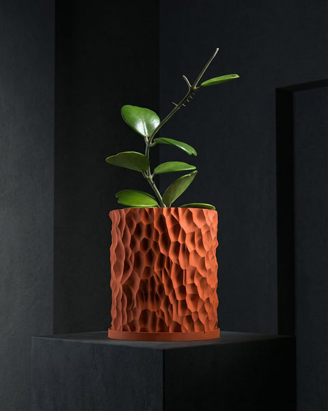 A textured orange planter pot with a green plant inside, sitting on a dark gray pedestal against a dark background.