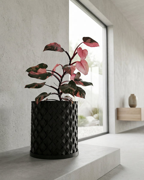 A black planter pot with a plant sits on a wooden shelf next to books and decorative objects in a minimalist room.