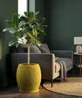 A yellow textured planter pot with a plant next to a gray couch and a round rug in a room with dark green walls.