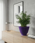 A vibrant purple planter pot sits atop a light wood cabinet, showcasing a lush green plant. A modern lamp and framed artwork add to the stylish interior. The planter's unique ribbed design complements the room's contemporary aesthetic.