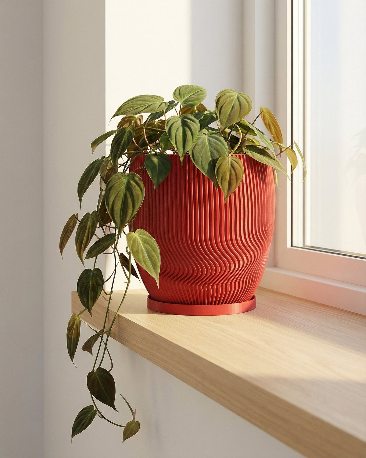 A red planter pot with a plant inside sits on a windowsill next to a window. The pot has a unique, wavy design.