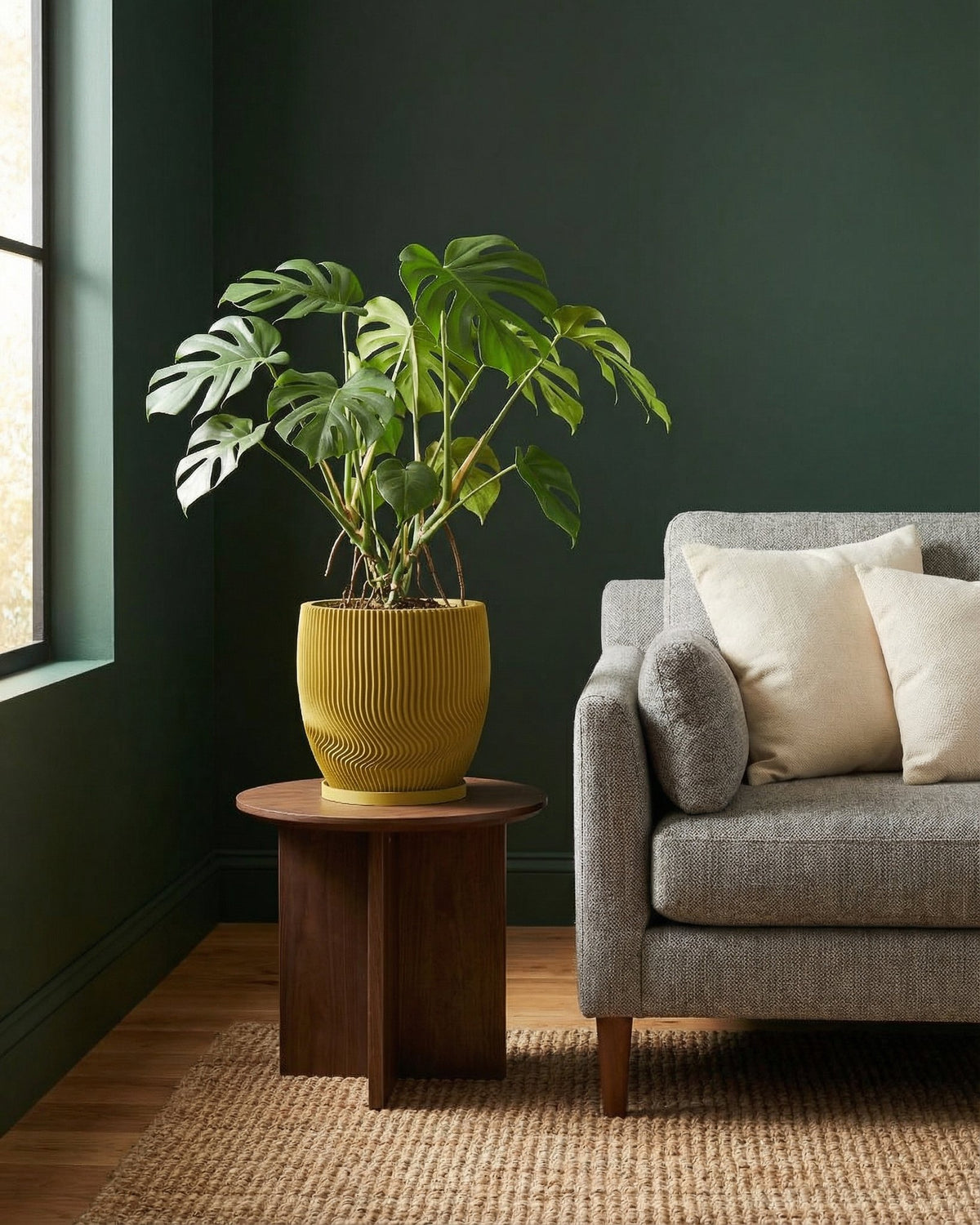 A Monstera plant sits in a yellow planter pot on a wooden table next to a gray couch with two pillows.