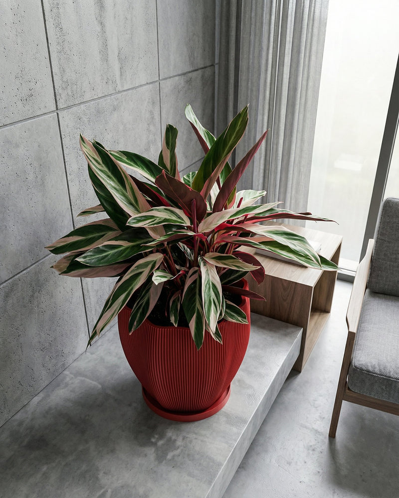 A red planter pot with a green plant sits on a wooden shelf in front of a window. The pot has a spiral design.