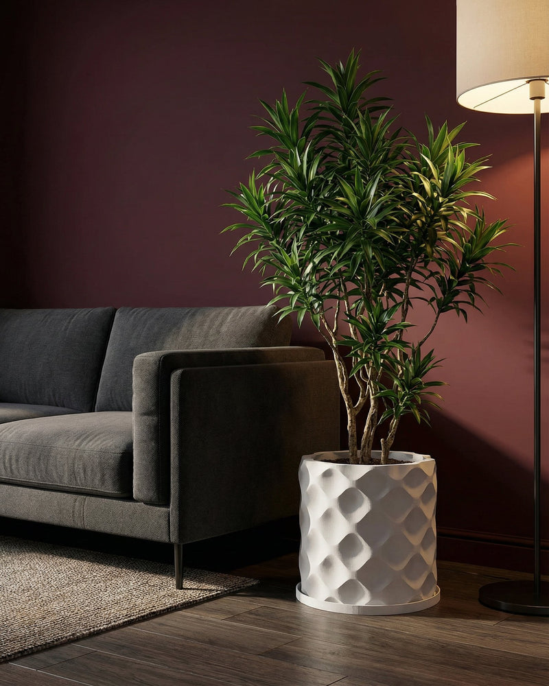 A modern living room with a gray sofa, a tall green plant in a white textured planter pot, and a floor lamp.