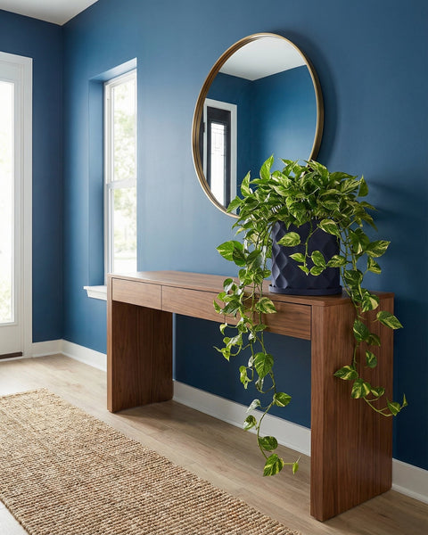 A blue planter pot with a green plant sits on a wooden console table in front of a blue wall with a round mirror.