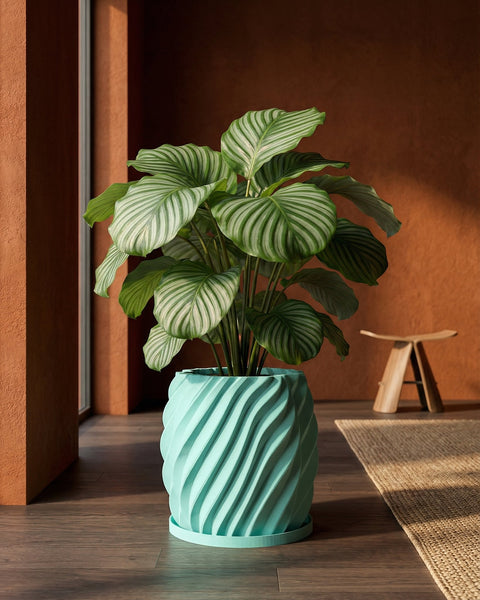 A vibrant green plant sits in a light blue, swirled planter pot on a dark wood floor, adding a pop of color to the room.