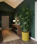 A green-walled entryway features a tall plant in a yellow woven planter pot, adding a pop of color to the space.