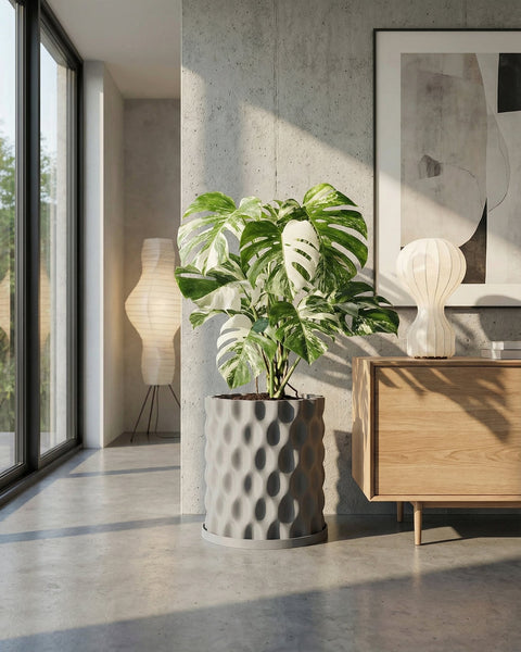 A modern interior with a Monstera plant in a gray, textured planter pot, next to a wooden cabinet and framed art.