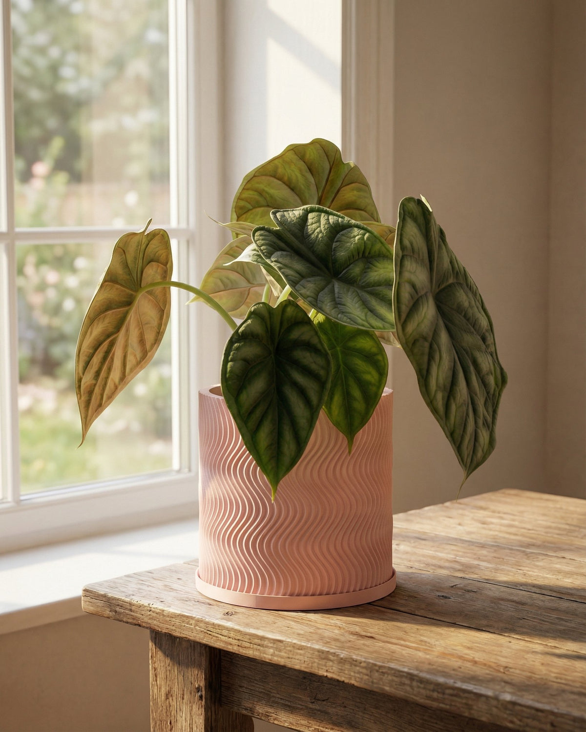 A pink planter pot with a wavy design sits on a wooden table next to a window with a plant inside.